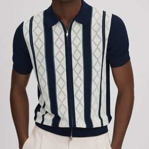 Reiss Navy and White Striped Full Zip Polo